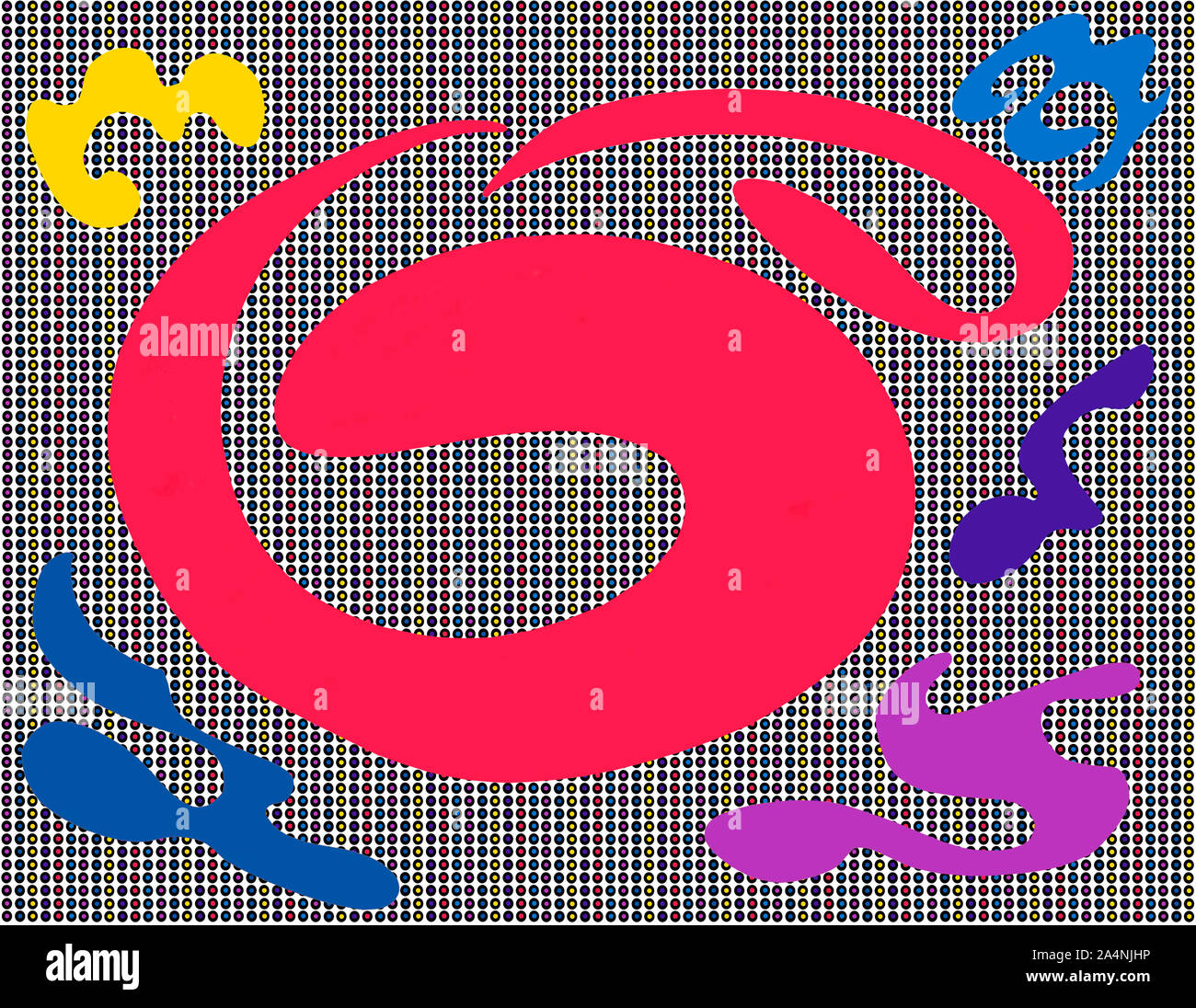 Motion Plus by Burton Zaro. The Graphic illustration has a variety of modern shapes in bright colors on a background of multi-colored dots Stock Photo