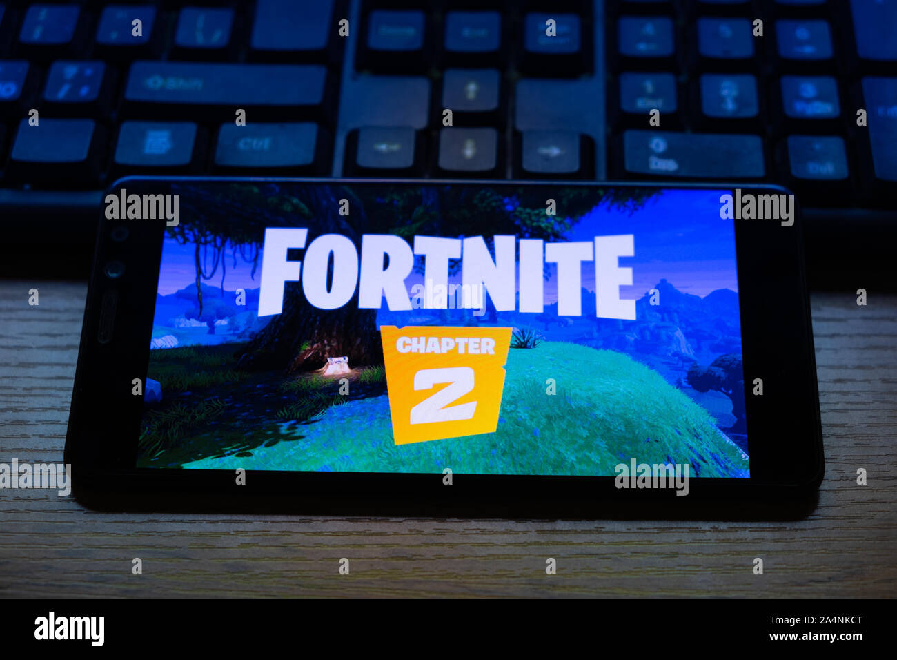 Kostanay, Kazakhstan, October 15, 2019.Mobile phone on the background of  the keyboard, with the logo of the popular game fortnite 2, from Epic Games  Stock Photo - Alamy