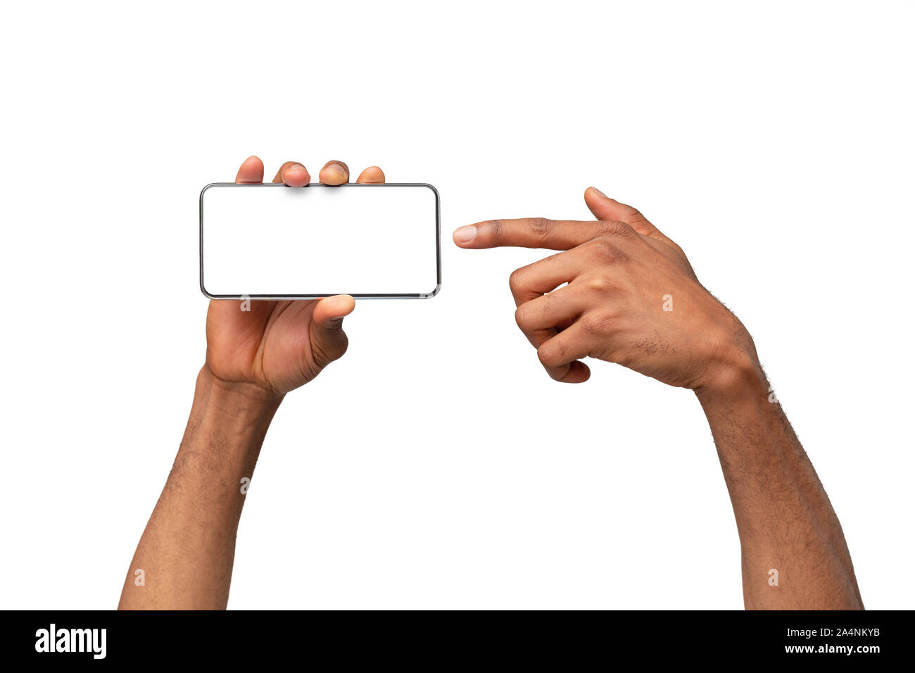 Modern smartphone with blank screen in black man's hands Stock Photo ...