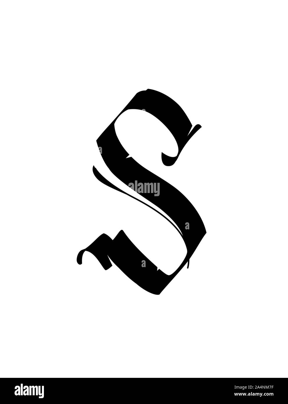 Letter S, in the Gothic style. Vector. Alphabet. The symbol is isolated on a golden background. Calligraphy and lettering. Medieval Latin letter. Logo Stock Vector