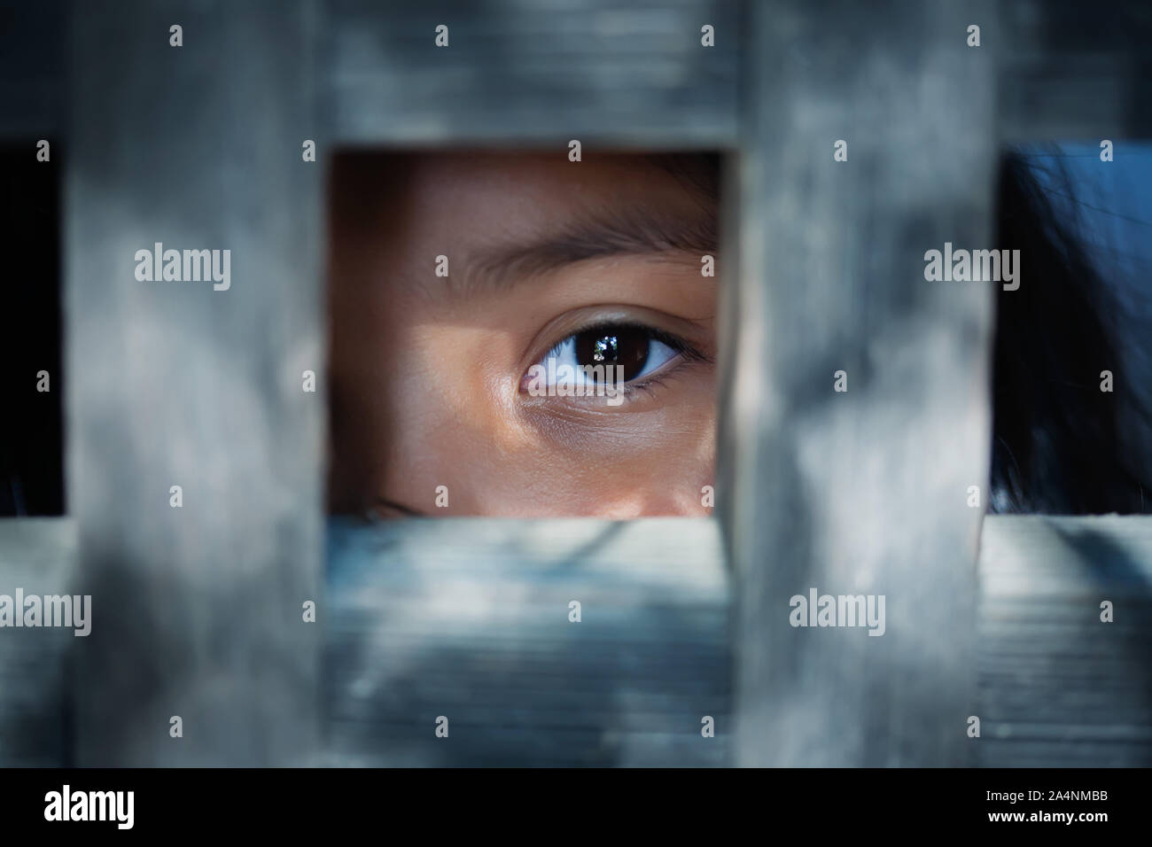 The blank stare of a child's eye who is standing behind what appears to be a wooden cage to convey captivity, or bondwoman. Stock Photo