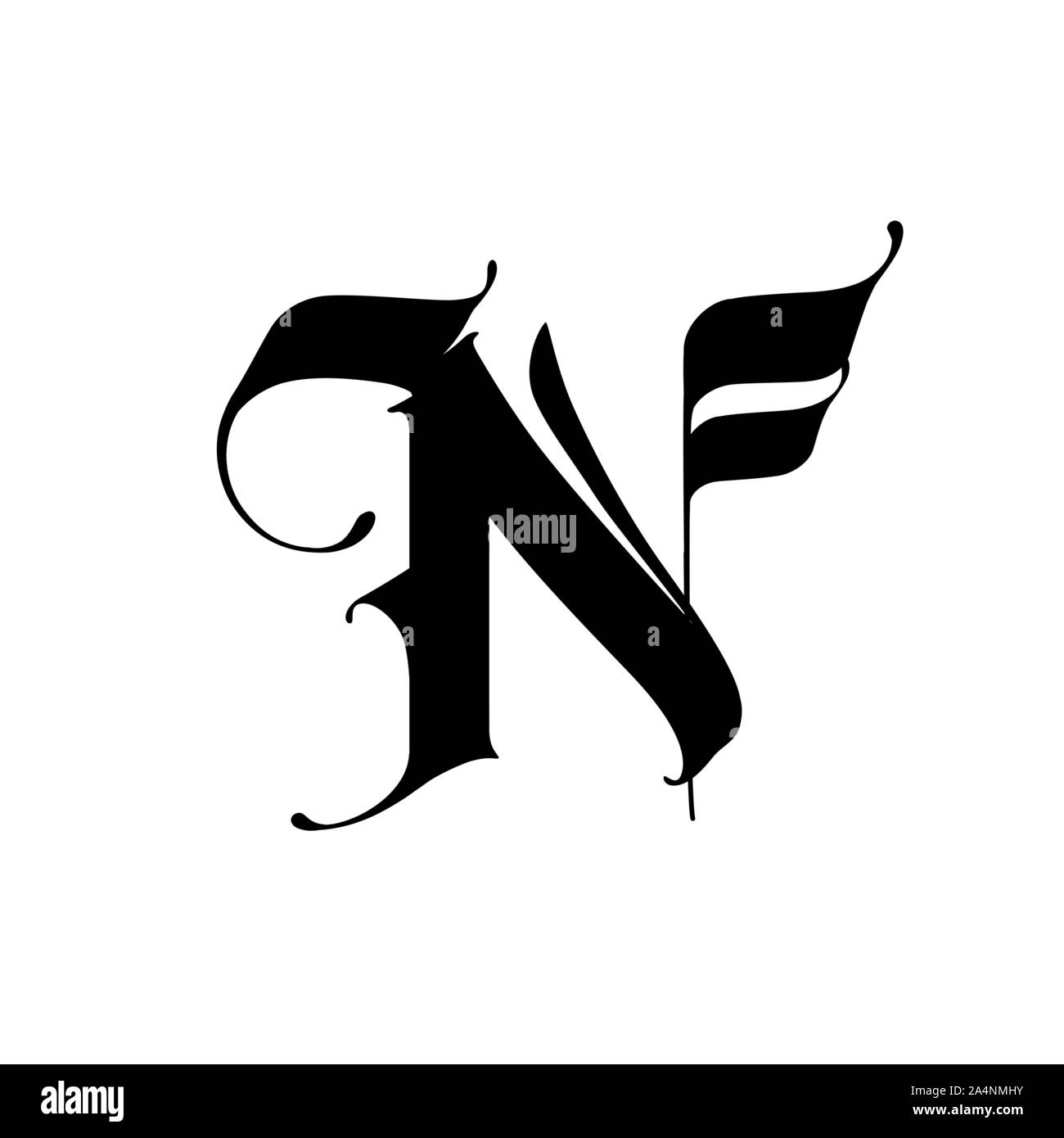 Letter N, in the Gothic style. Vector. Alphabet. The symbol is isolated on a white background. Calligraphy and lettering. Medieval Latin letter. Logo Stock Vector