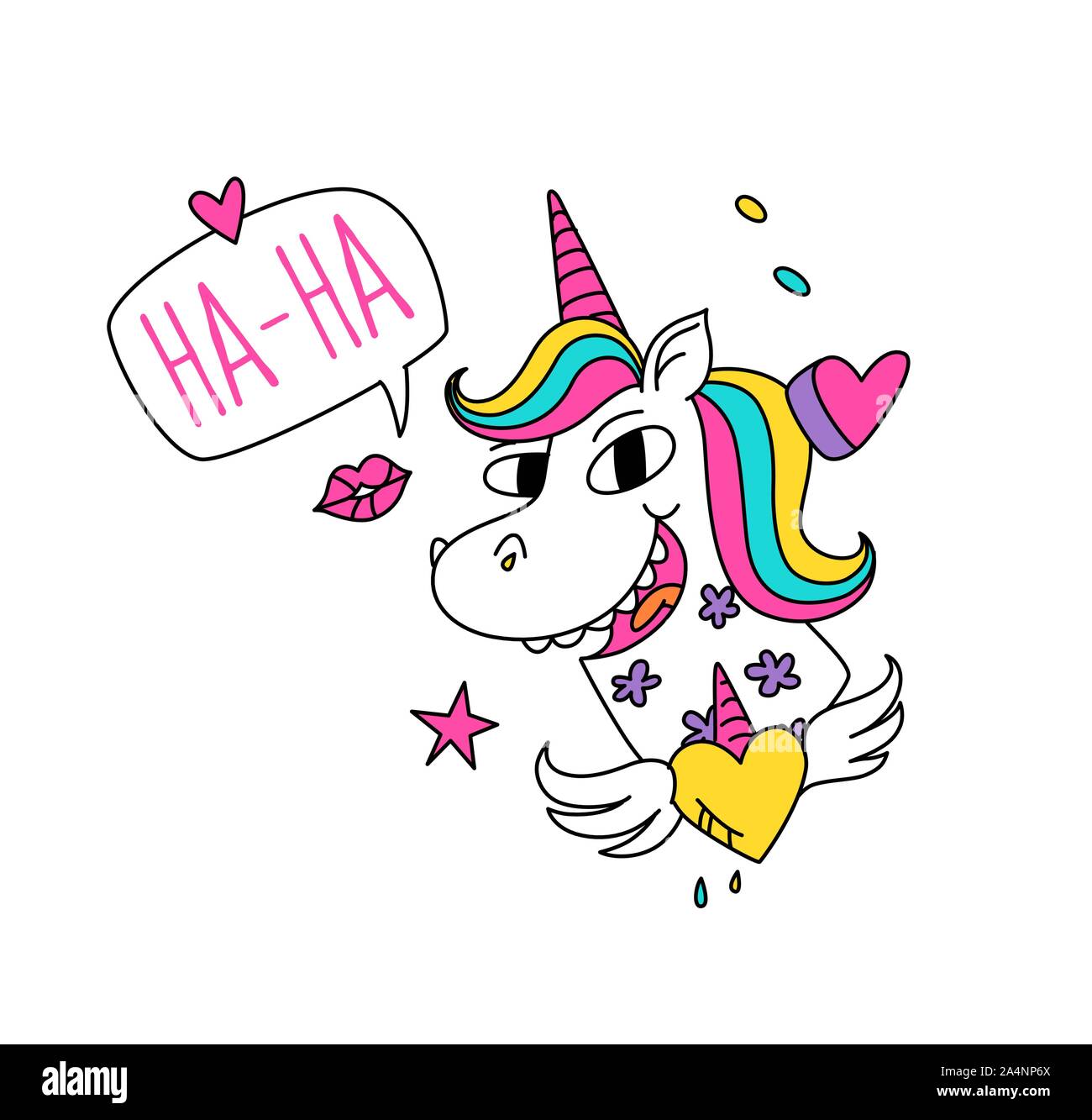 Illustration of a magic unicorn with colored mane. Vector. Cartoon character funny horse with a horn. Kawaii character. Existing mythical creature wit Stock Vector
