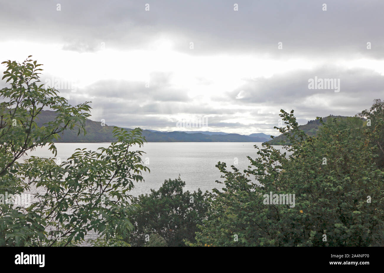 A view of Loch Ness on a cloudy October day from the A82 road in the Grampian Region, Scotland, United Kingdom, Europe. Stock Photo