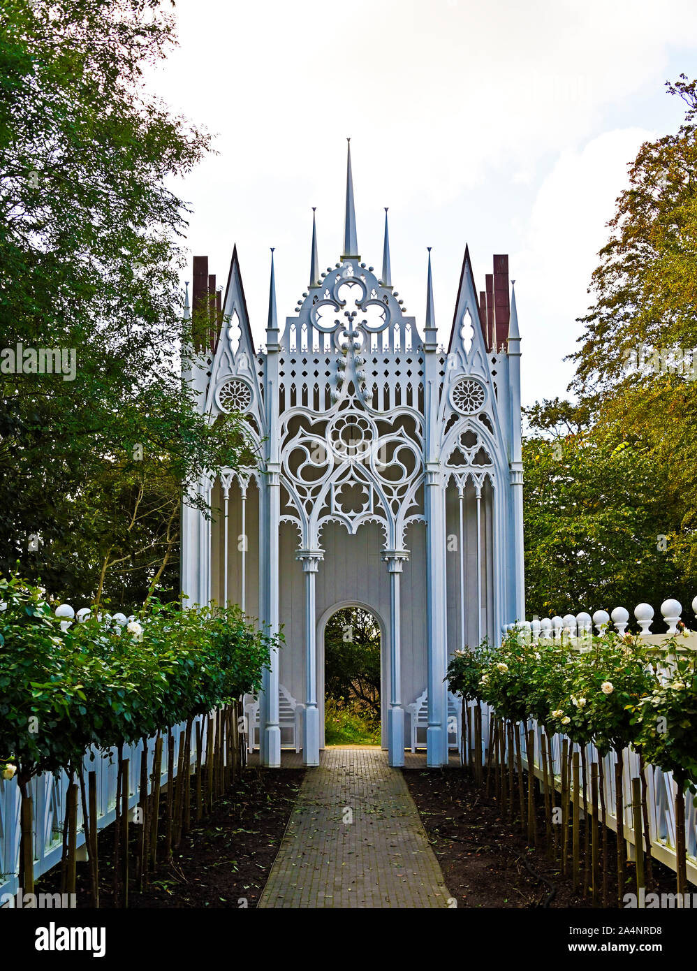 'The Rose Walk' (detail), outdoor artwork by Pablo Bronstein. The Wilderness, Jupiter Artland, Bonnington House, Wilkieston, West Lothian, Scotland. Stock Photo