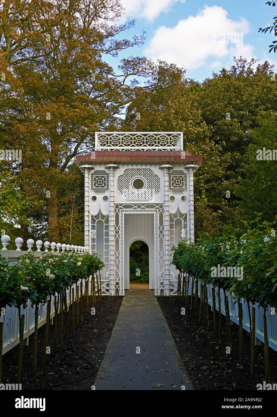 'The Rose Walk' (detail), outdoor artwork by Pablo Bronstein. The Wilderness, Jupiter Artland, Bonnington House, Wilkieston, West Lothian, Scotland. Stock Photo