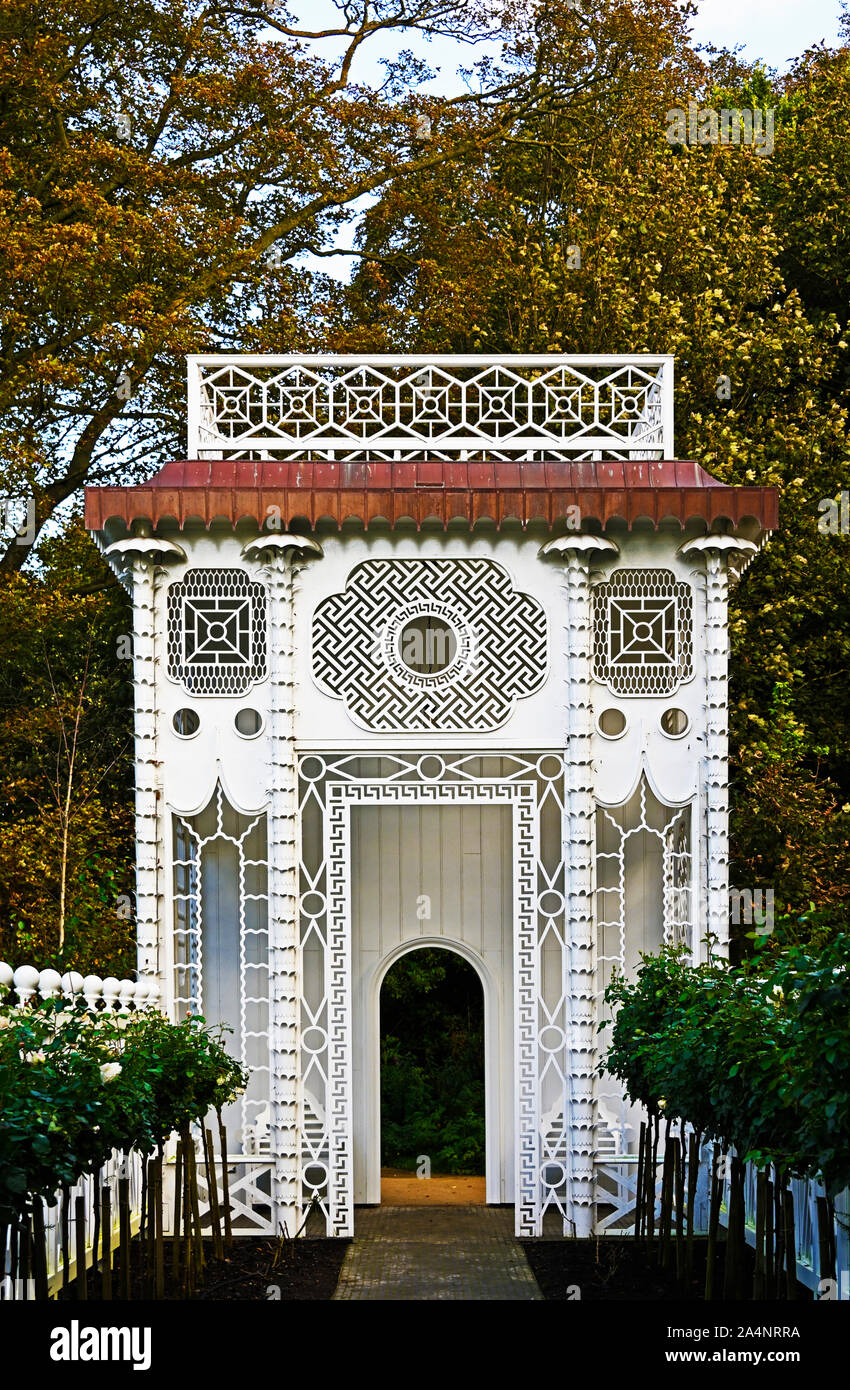 'The Rose Walk' (detail), outdoor artwork by Pablo Bronstein. The Wilderness, Jupiter Artland, Bonnington House, Wilkieston, West Lothian, Scotland. Stock Photo