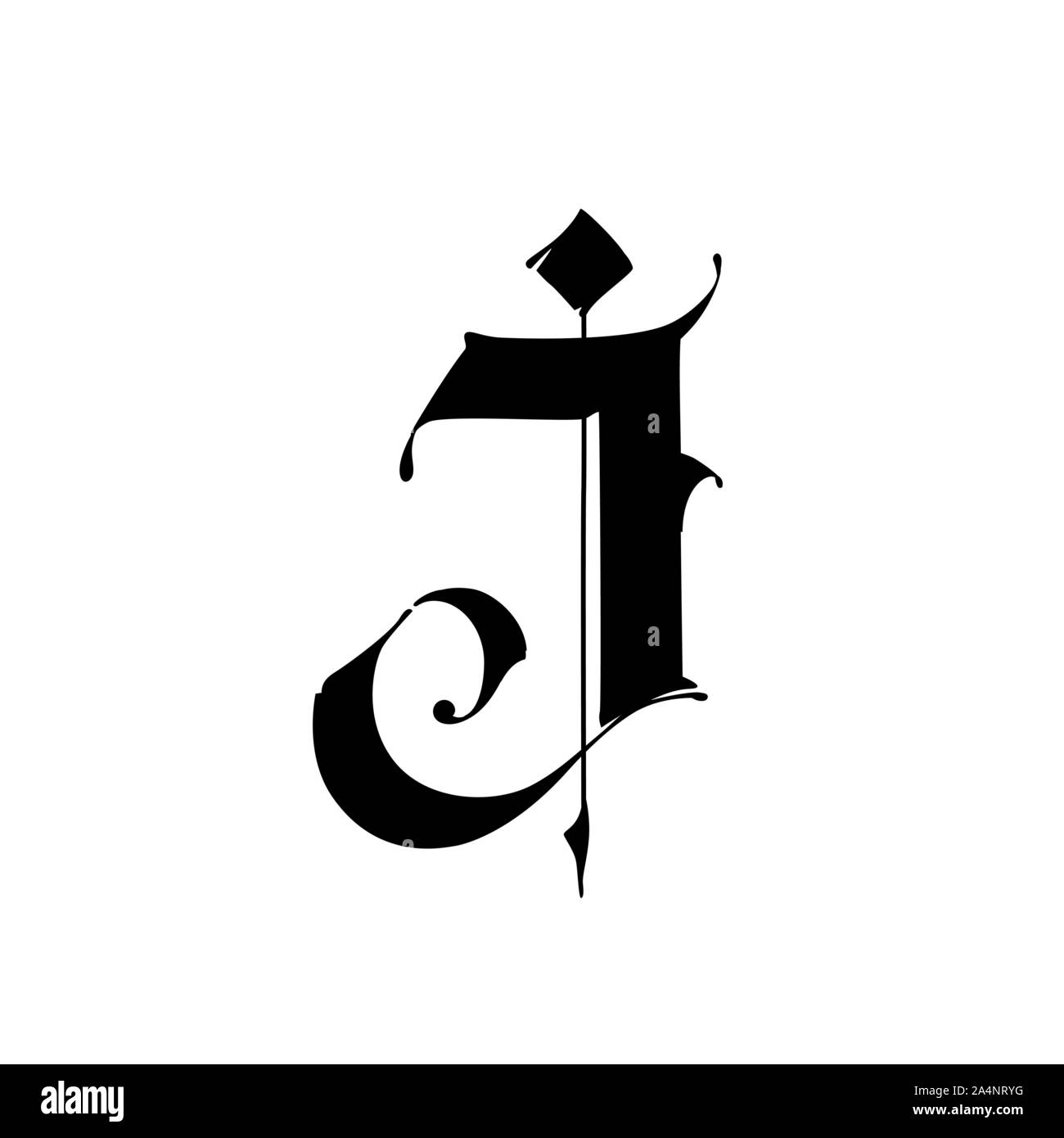 Letter J, in the Gothic style. Vector. Alphabet. The symbol is isolated on a white background. Calligraphy and lettering. Medieval Latin letter. Logo Stock Vector