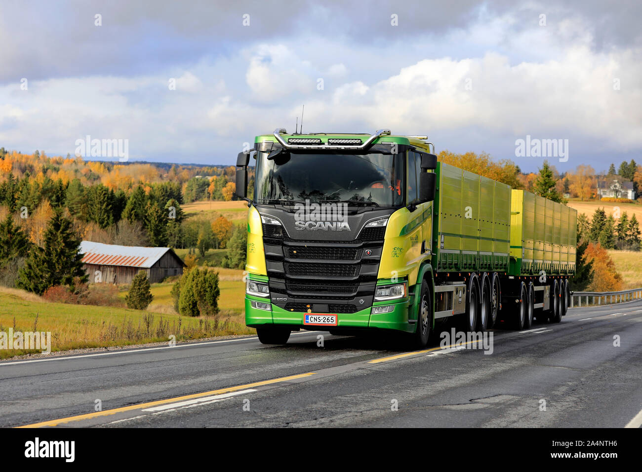 New, green Scania R650 truck of Kuljetus Saarinen Oy in seasonal sugar beet haul on scenic autumnal road in Salo, Finland. October 12, 2019. Stock Photo