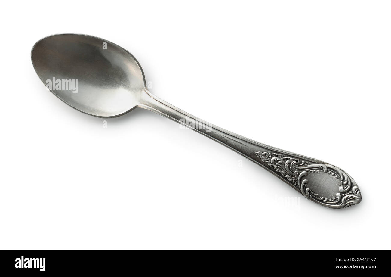 Top view of old silver tea spoon isolated on white Stock Photo