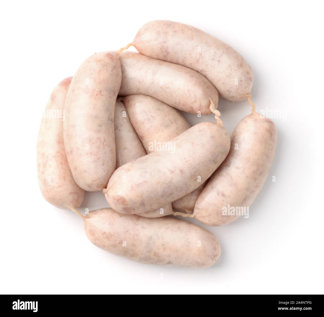 Top view  of raw traditional bavarian white sausages weisswurst  isolated on white Stock Photo