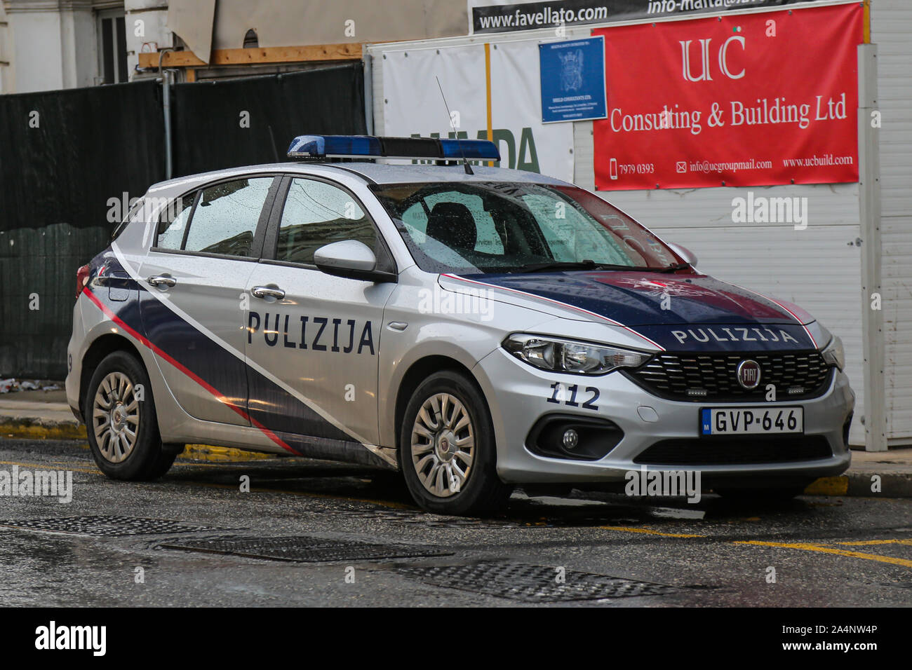A general view of a Malta Police Force Fiat Tipo Pulizija Police District Vehicle in Sliema, on the island of Malta Stock Photo