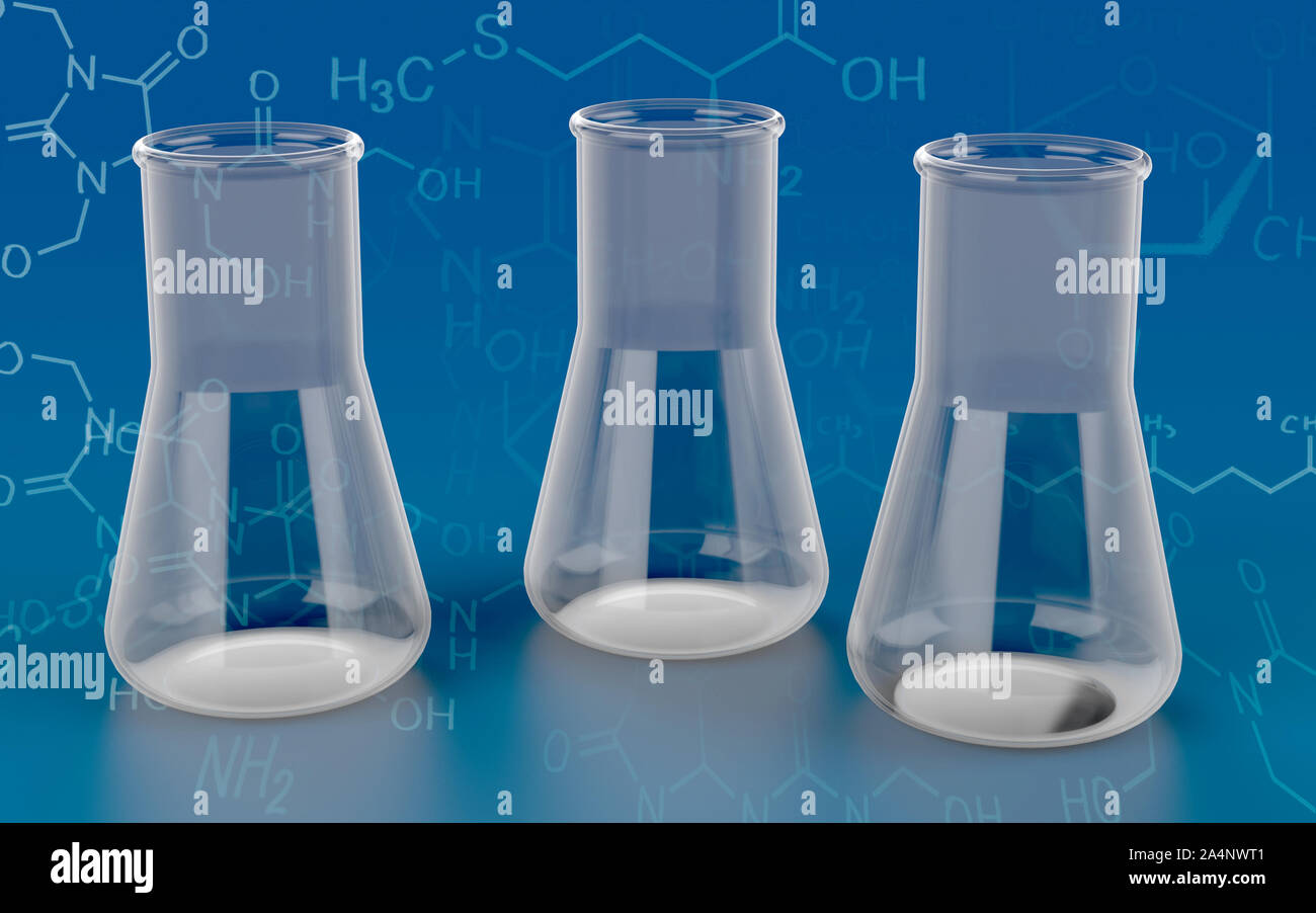 The several erlenmeyer flasks on blue background with formula. 3D
