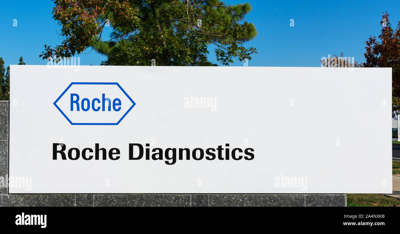 Roche Diagnostics sign at campus of diagnostics division of Hoffmann-La Roche Stock Photo