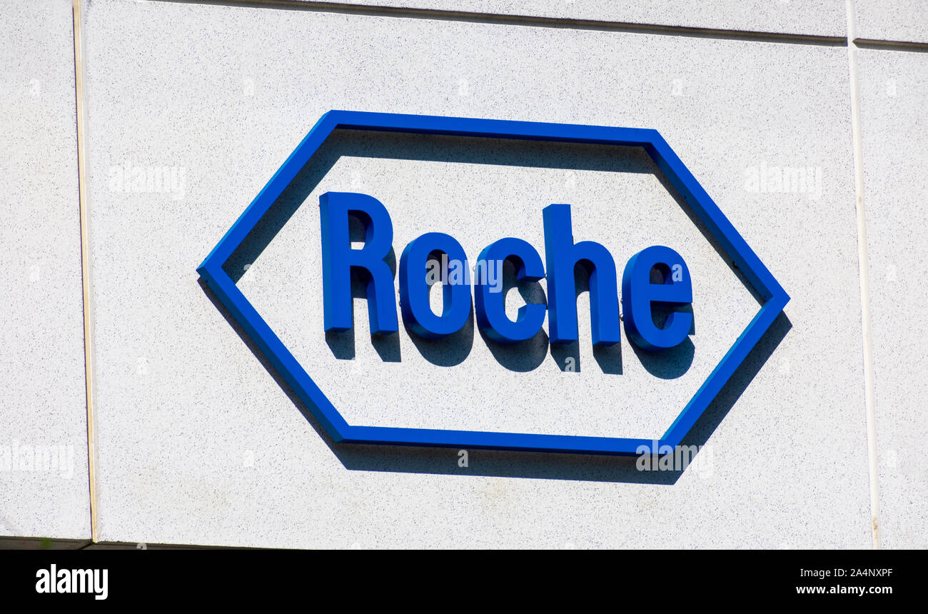 Roche sign on campus of Roche Diagnostics division of Hoffmann-La Roche Stock Photo