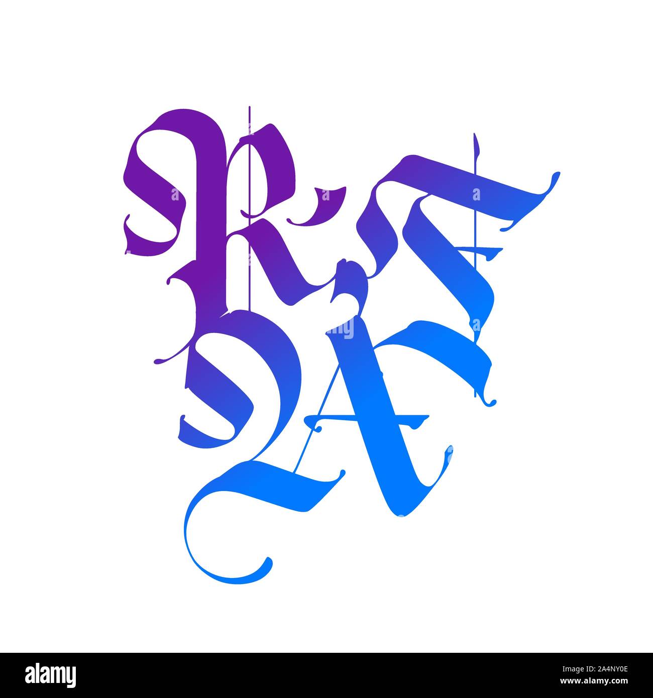 R, F, A in the Gothic style. Vector. Letters and symbols on a white background. Calligraphy with a color marker. Medieval latin letters. Elegant font Stock Vector