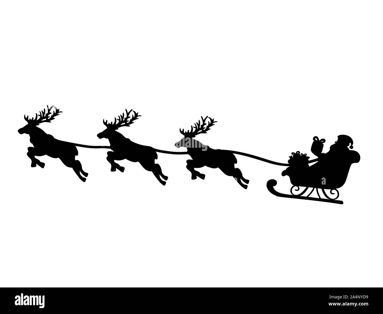 Silhouette Santa in sleigh and flying reindeers. Symbol Happy Merry Christmas. Vector illustration Stock Vector