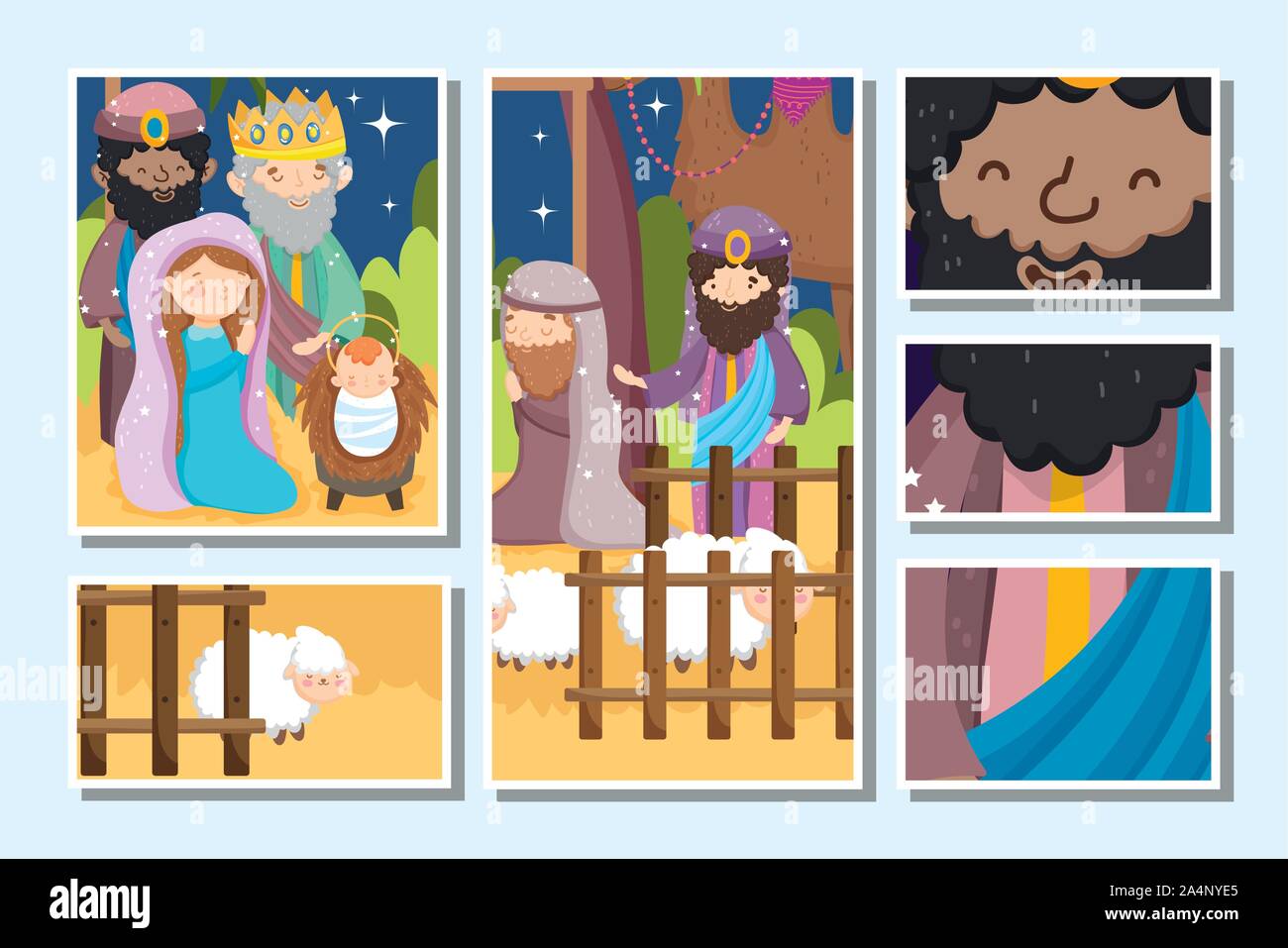 joseph mary wise men sheep desert fence manger nativity banner vector ...