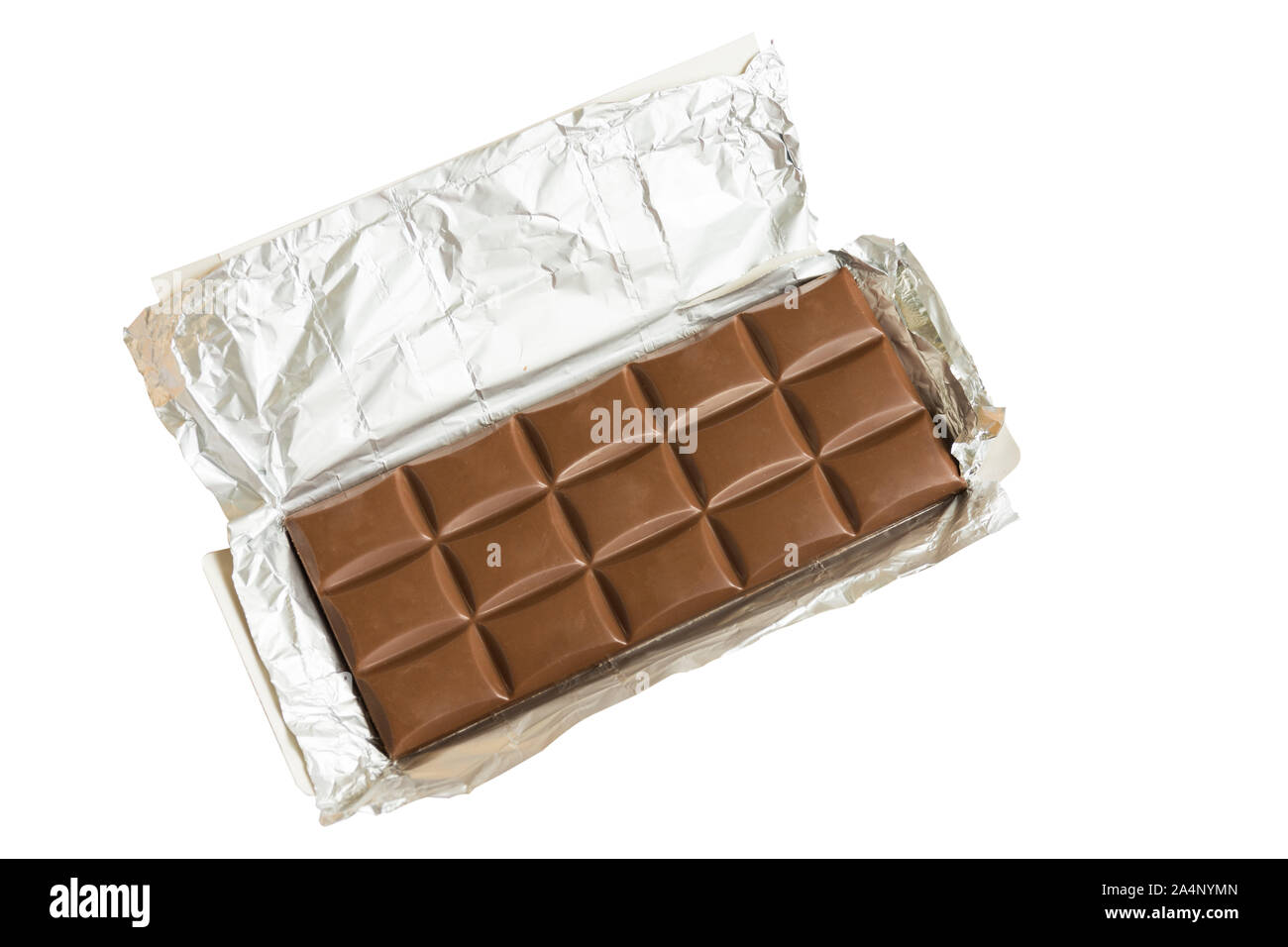 Tasty milk chocolate bar open in silver foil isolated on white background.  Chocolate temptation Stock Photo - Alamy
