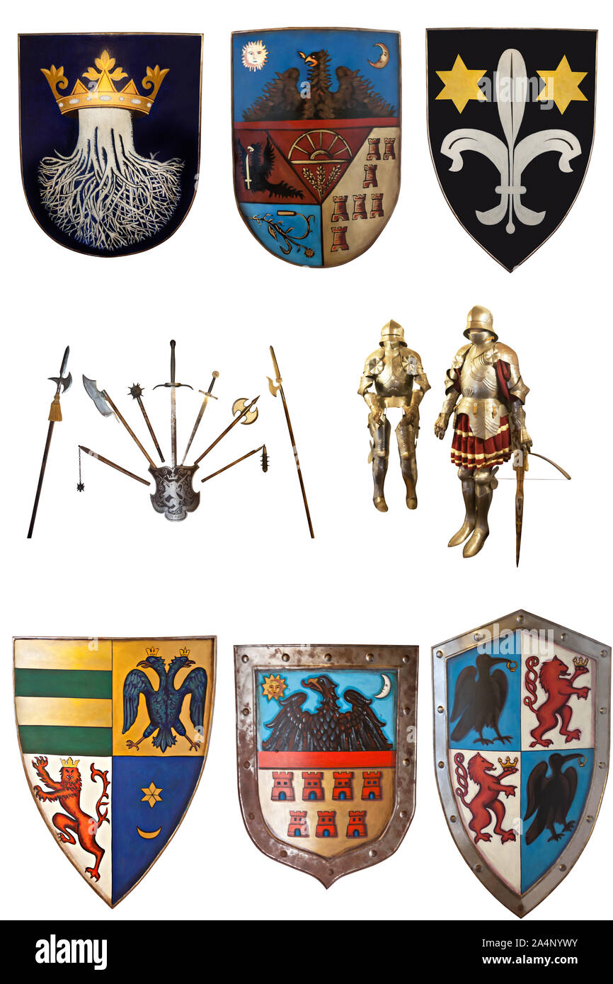 Antique Various Coats of arms, weapons and armors from medieval times, trom Germany, tara Birsei in Romania, and Brasov in Romania, Checrgpre Raroczi, Stock Photo