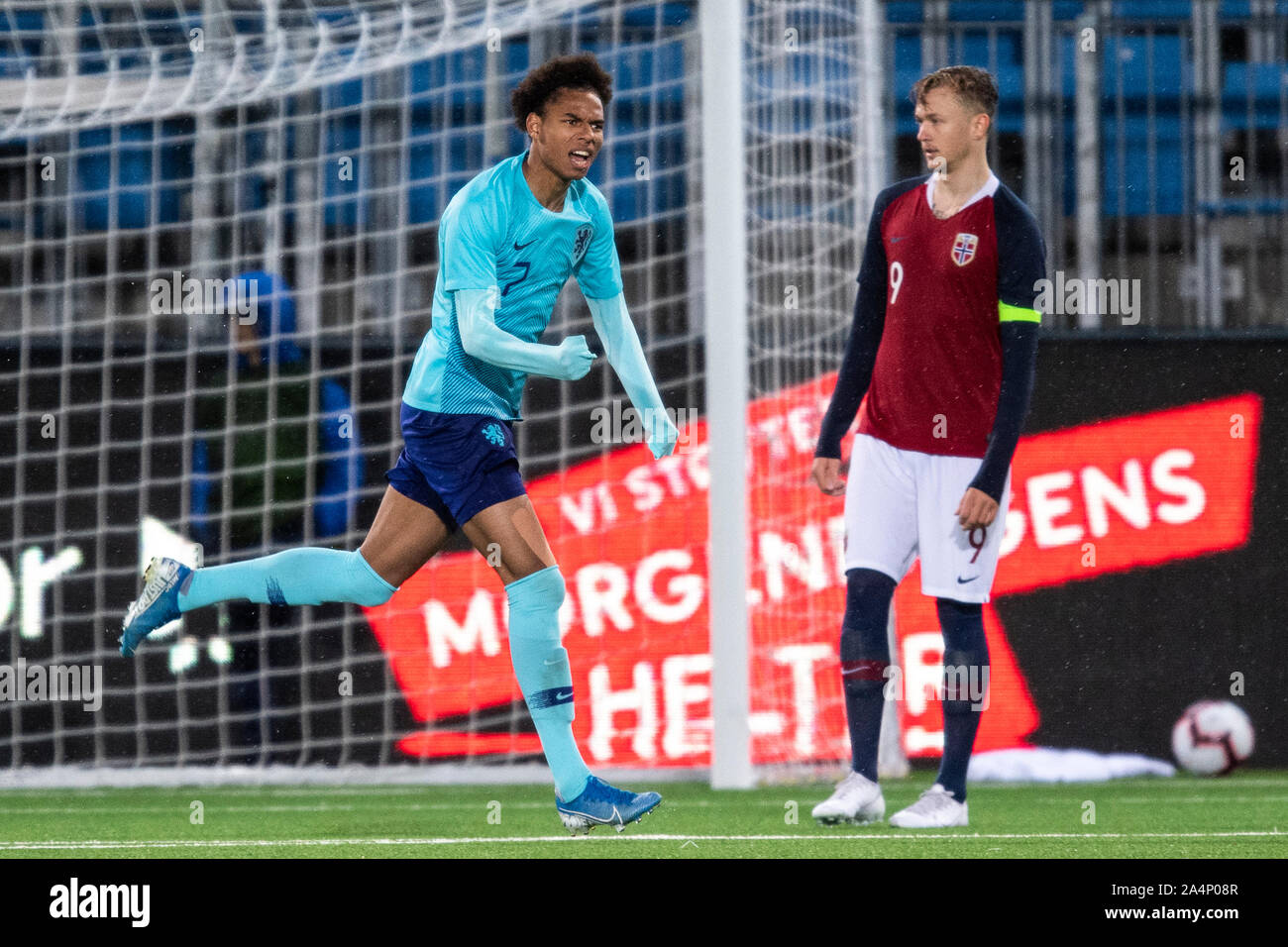 Calvin Stengs of, Netherlands. , . celebrates after his 0-2 goal during the UEFA European Under-21 Qualifier football match between Norway and Netherlands on October 15, 2019 in Drammen. Photo: Marius Simensen/BILDBYRN/Cop 238 Credit: Pro Shots/Alamy Live News Stock Photo