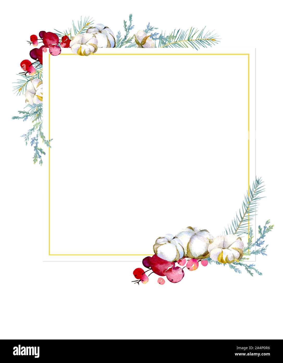 A square frame made up of fir and juniper branches, red berries, cotton bolls. A beautiful background for cards and invitations, gift tags or other de Stock Photo