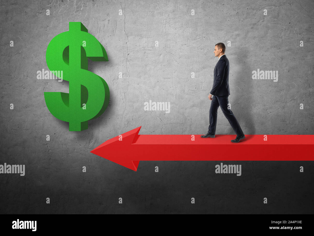Businessman walking on big red arrow to green dollar sign Stock Photo ...