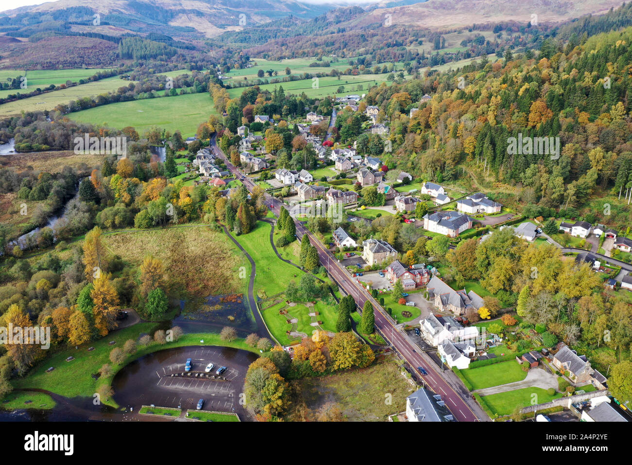 Aerial drone view of Callander Scotland Stock Photo