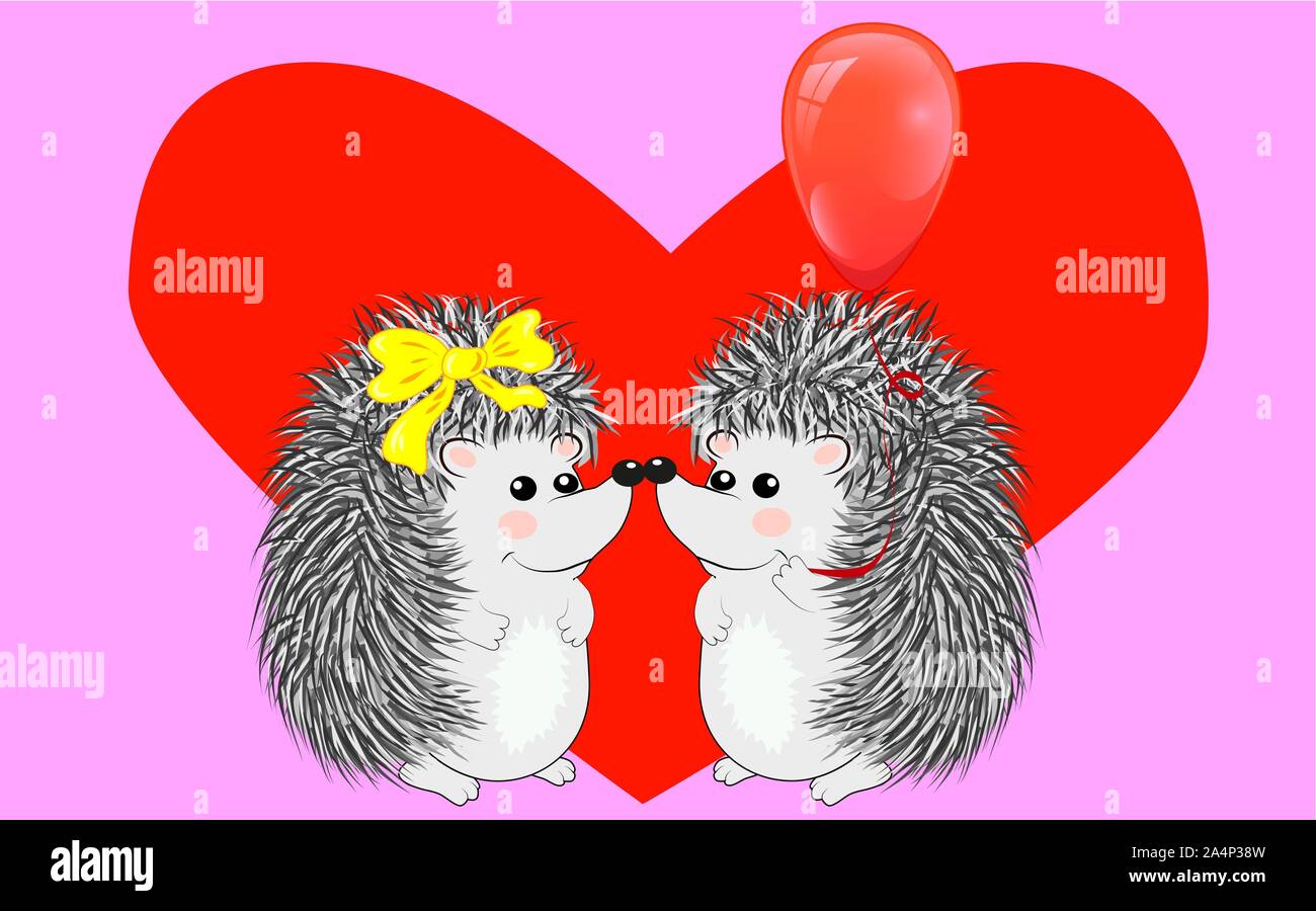 Invitation card with cute cartoon Hedgehogs in love with Heart and ...