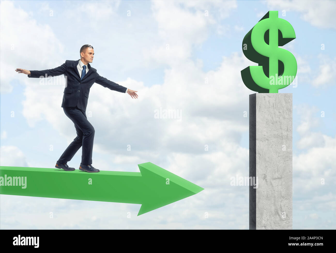 Businessman walking on arrow and get to green big dollar sign Stock Photo
