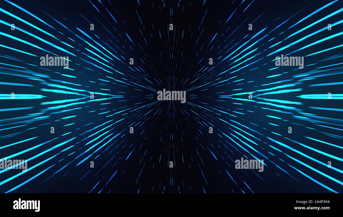 Blue shining particles from the center form rays on a black background ...