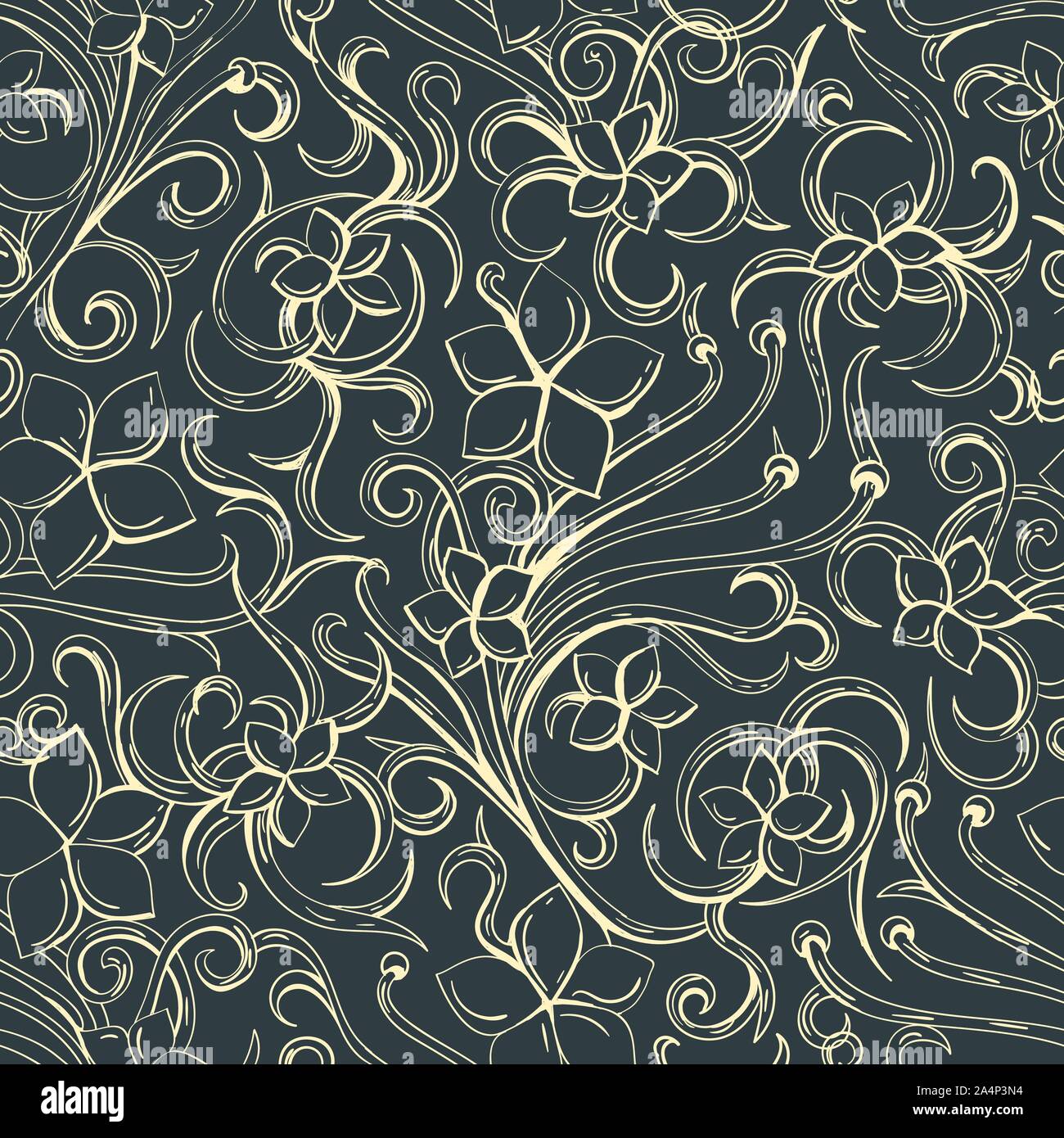 Seamless Pattern with hand drawn flowers on dark background. Vector illustration. Stock Vector