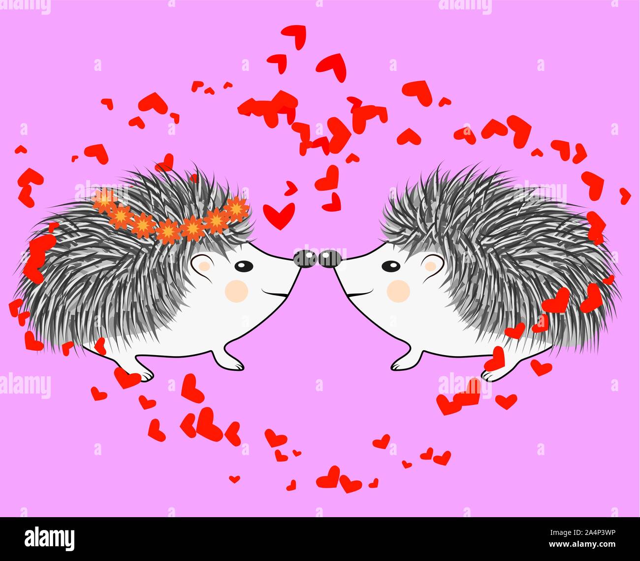 Invitation card with cute cartoon Hedgehogs in love with Heart and ...