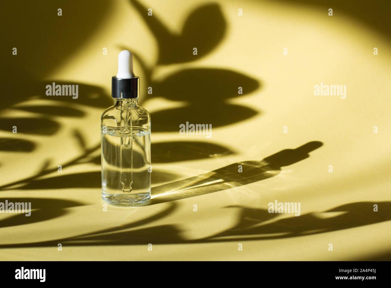 Download Cosmetic Bottle With Pipette Transparent Liquid Product In Glass Bottle With Dropper Serum Skin Care On Light Yellow Background And Plant Shadows Front View With Copy Space Beauty Product Mockup Stock Photo