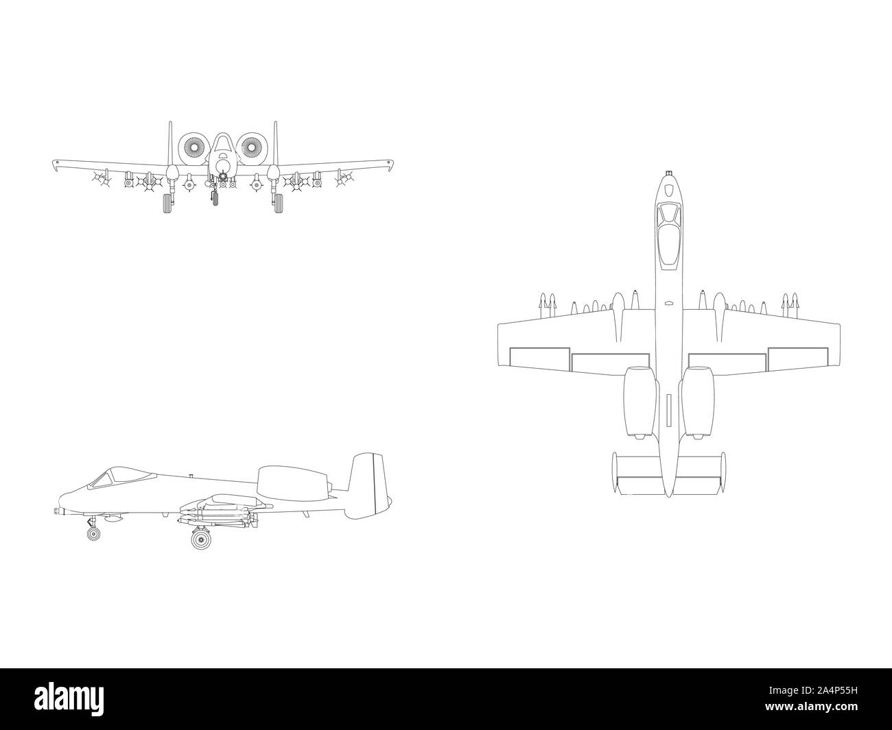 Vector line illustration of a combat fighter airplane isolated on white Stock Vector