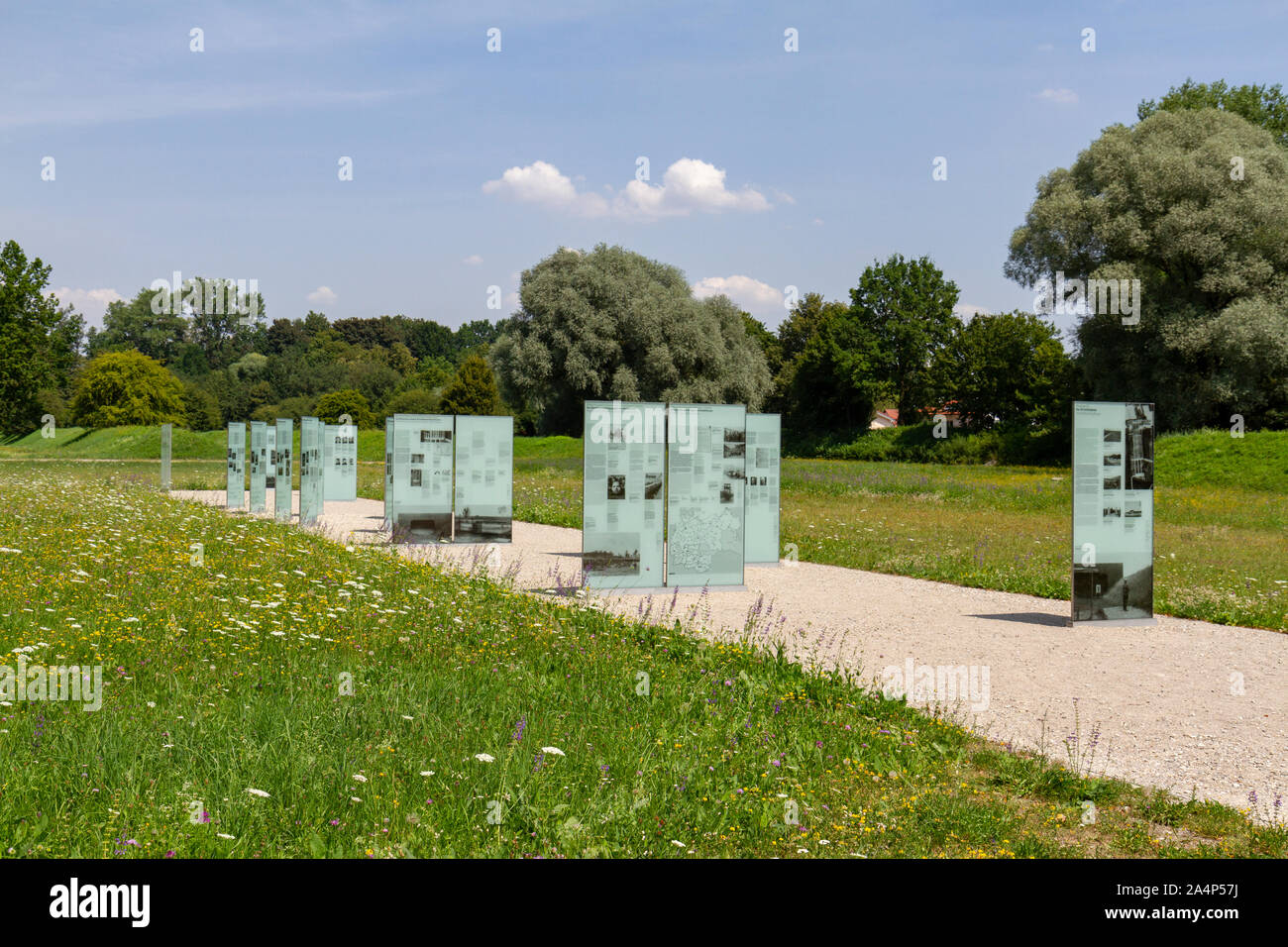 Information panels on the former parade ground area part at the SS-Shooting Range Hebertshausen, Dachau, Bavaria, Germany. Stock Photo