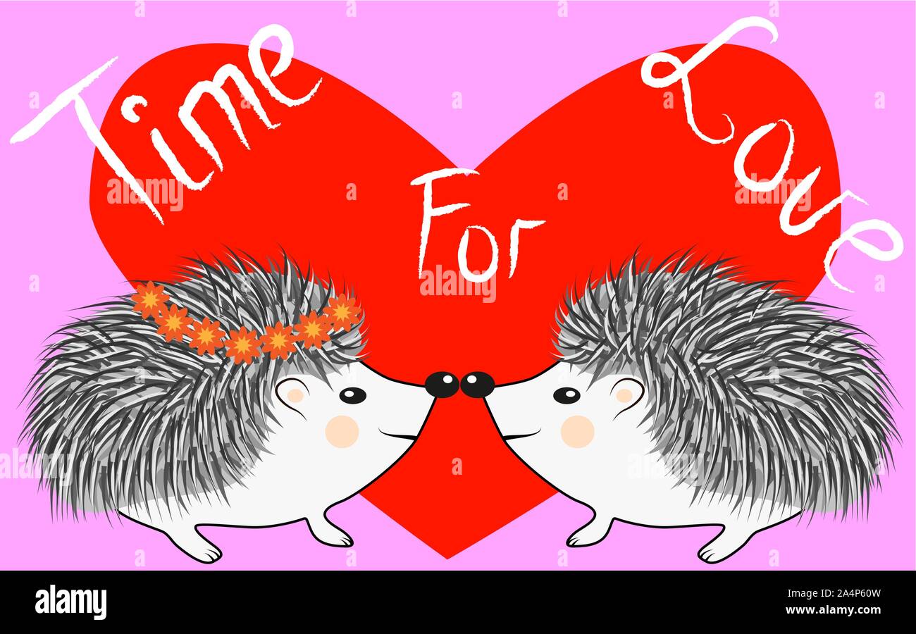 Invitation card with cute cartoon Hedgehogs in love with Heart and ...