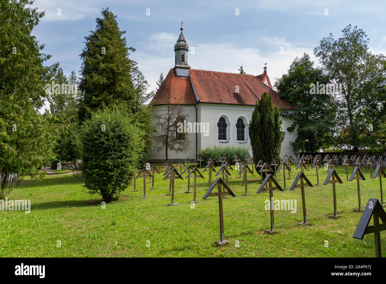 The Kapelle St. Ulrich and Spöttinger Cemetery where German War Criminals tried in Nuremberg are buried, Landsberg am Lech, Bavaria, Germany. Stock Photo