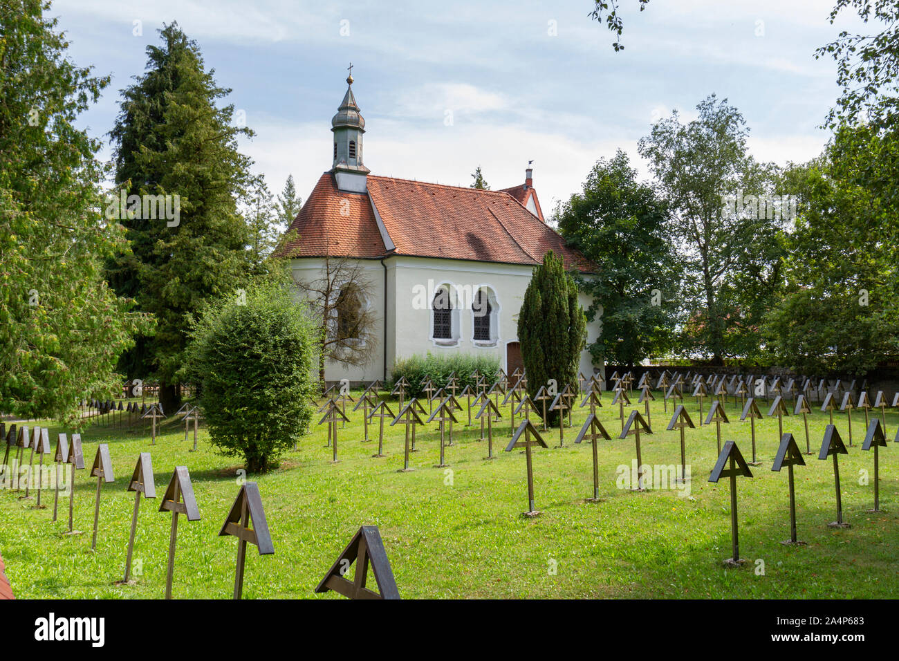 The Kapelle St. Ulrich and Spöttinger Cemetery where German War Criminals tried in Nuremberg are buried, Landsberg am Lech, Bavaria, Germany. Stock Photo