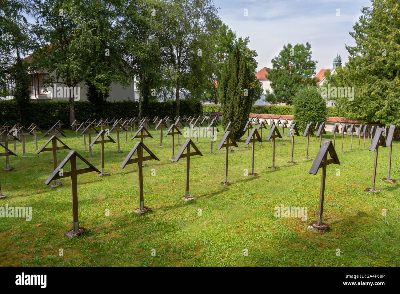 The Spöttinger Cemetery where German War Criminals tried in Nuremberg, Dachau & Singapore are buried, Landsberg am Lech, Bavaria, Germany. Stock Photo