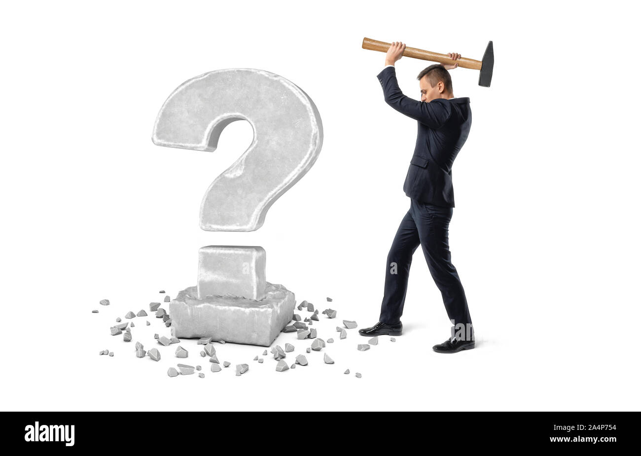 Businessman holding big hammer to crash question mark made of stone