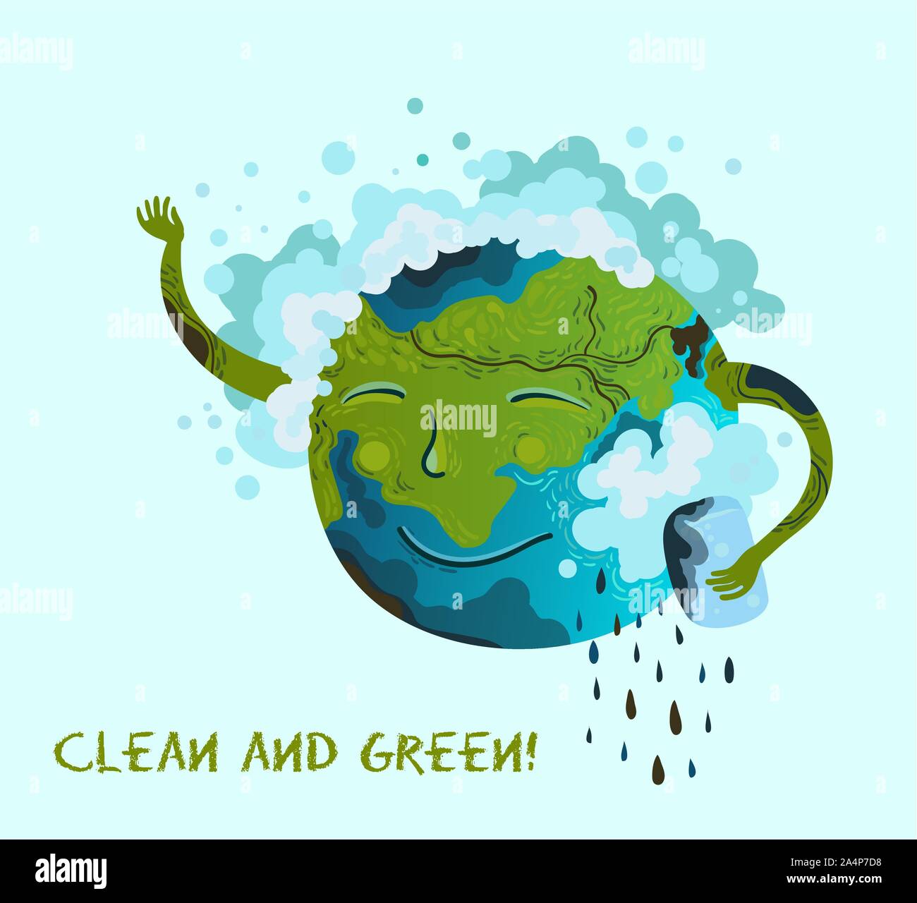 Illustration of a cute planet Earth that washes away trash, pollution, petroleum. Purification of land, air, water, forests. Ecological conceptual ill Stock Vector