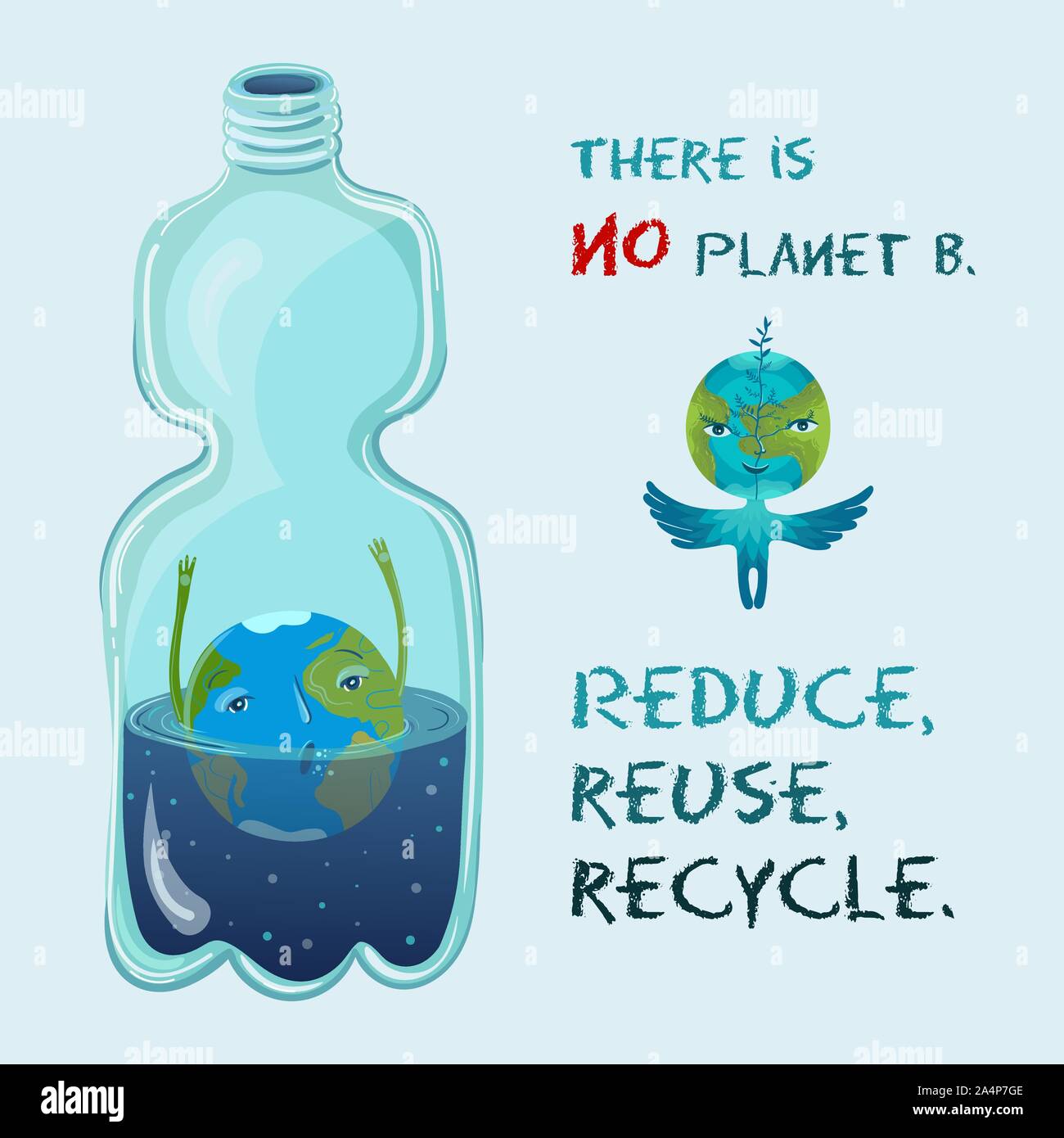There is no planet B. Vector conceptual ecological illustration of planet Earth that drowning in the plastic bottle. Recycling plastic. Stock Vector