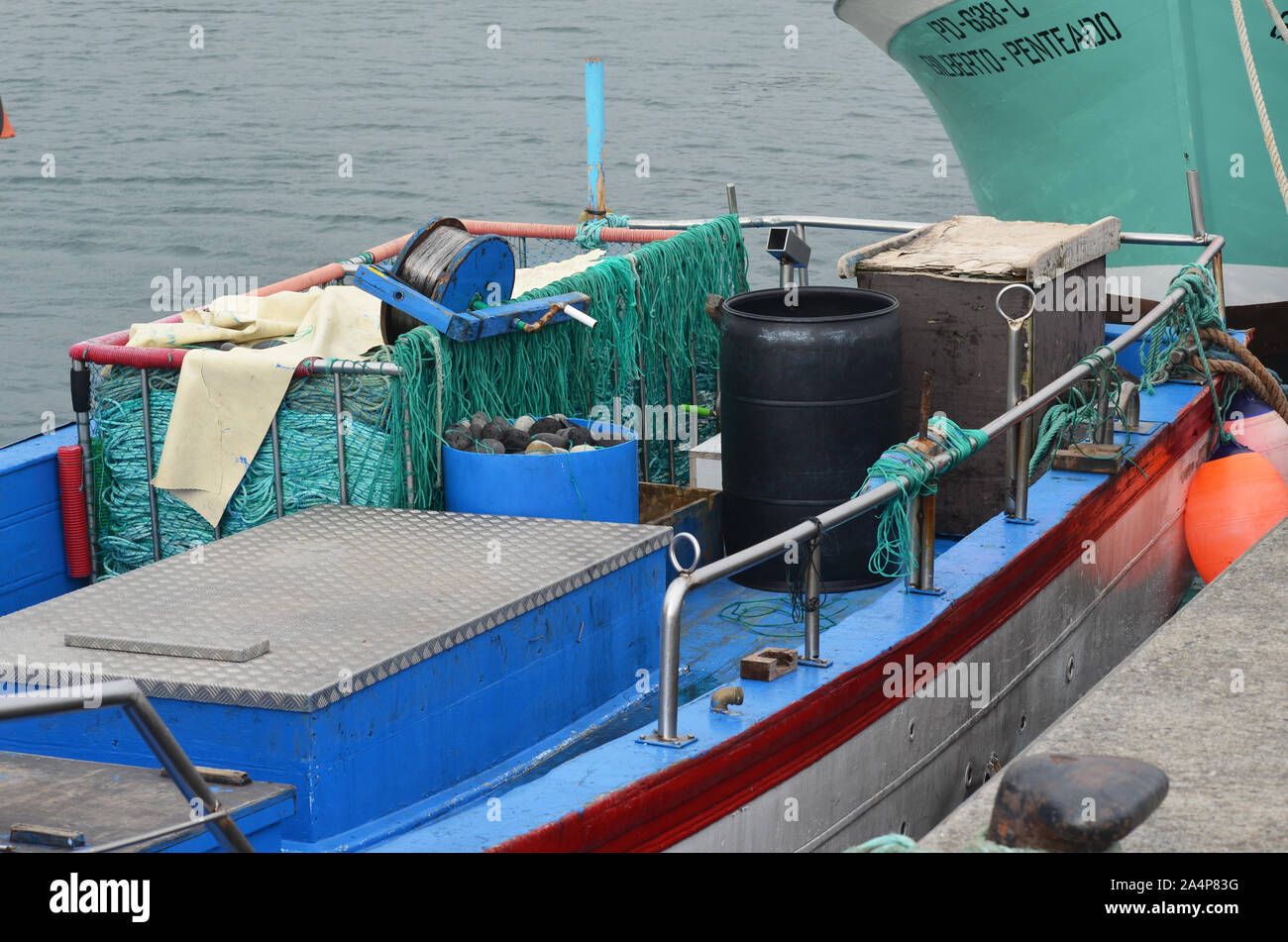Artisanal deep-set handline fishing vessels and fishing gear at Ponta  Delgada harbour, Azores islands (Portugal Stock Photo - Alamy