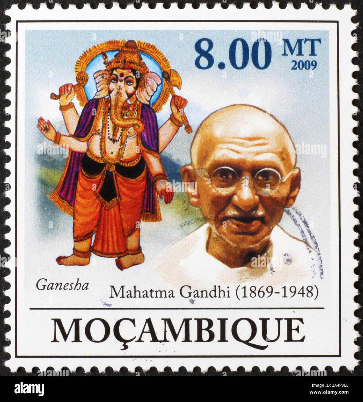 Mahatma Gandhi and god Ganesha on stamp of Mozambique Stock Photo