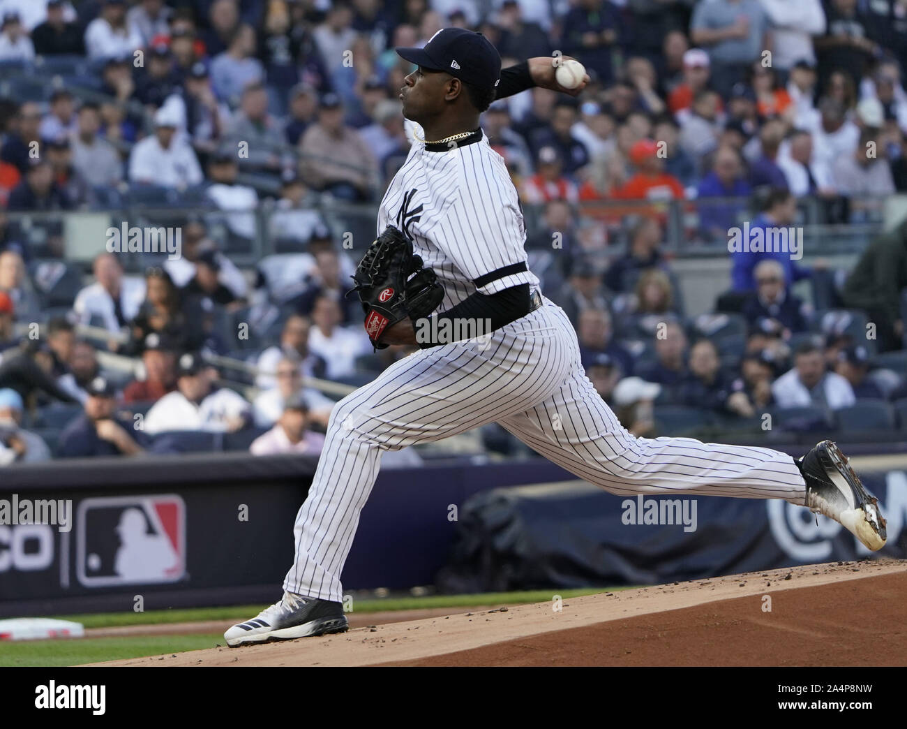 Bronx, United States. 15th Oct, 2019. New York Yankees Luis Severino pitches against the Houston Astros in the first inning of Game 3 of the American League Championship Series in the 2019 MLB Playoffs at Yankee Stadium in New York City on October 15, 2019. Photo by Ray Stubblebine/UPI Credit: UPI/Alamy Live News Stock Photo
