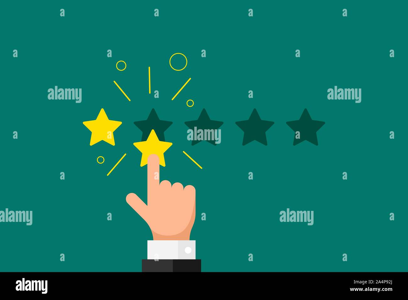 Online feedback reputation bad quality customer review concept flat style. Businessman hand finger pointing 2 two gold star rating on green background. Vector rank vote result eps illustration Stock Vector