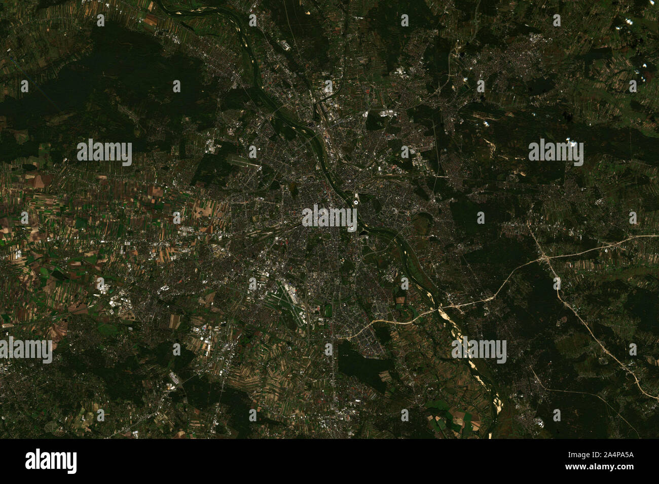 Warsaw, the capital of Poland, seen from space - contains modified Copernicus Sentinel Data (2019) Stock Photo