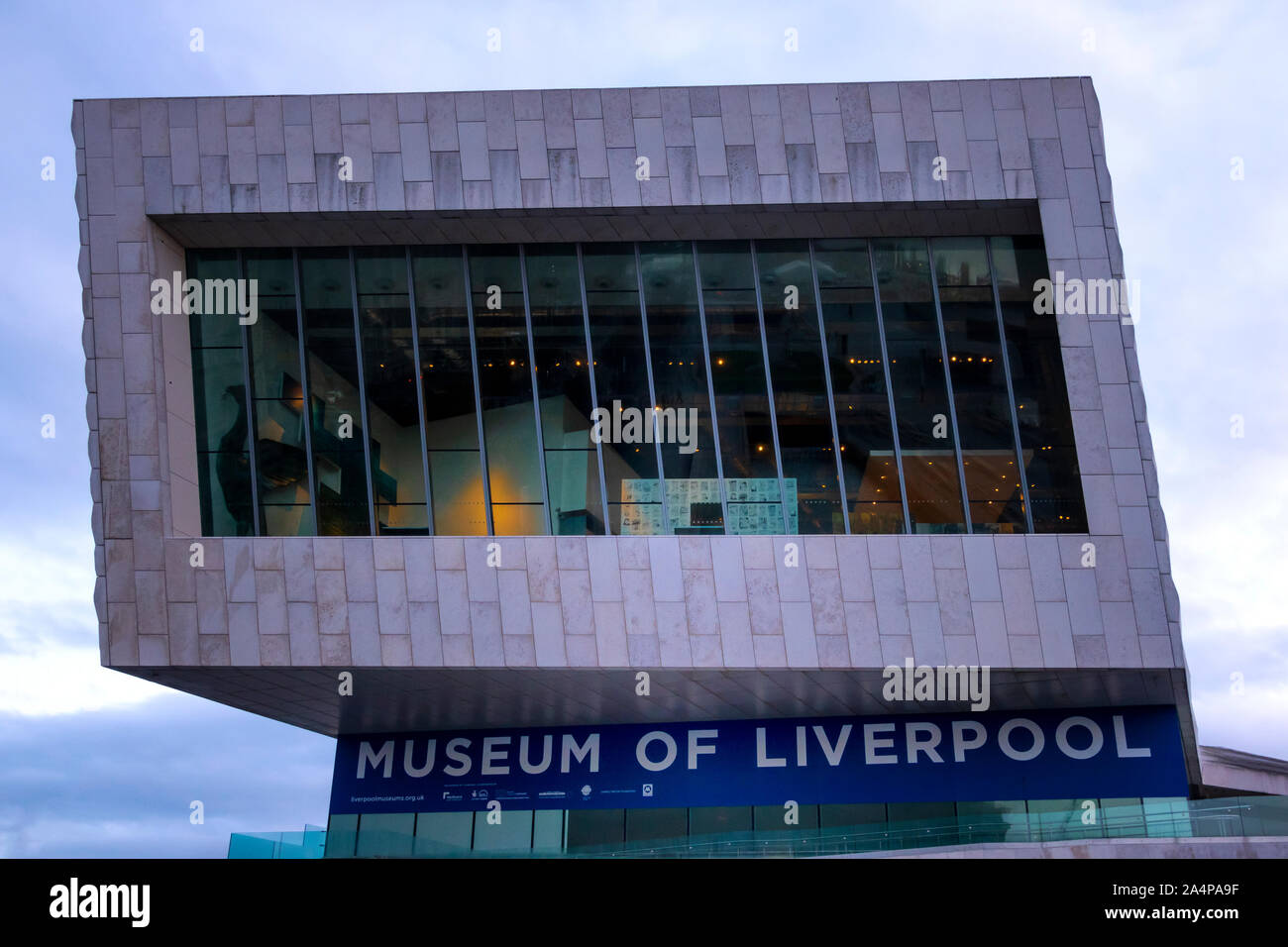 Large picture window in the Museum of Liverpool at dusk Stock Photo