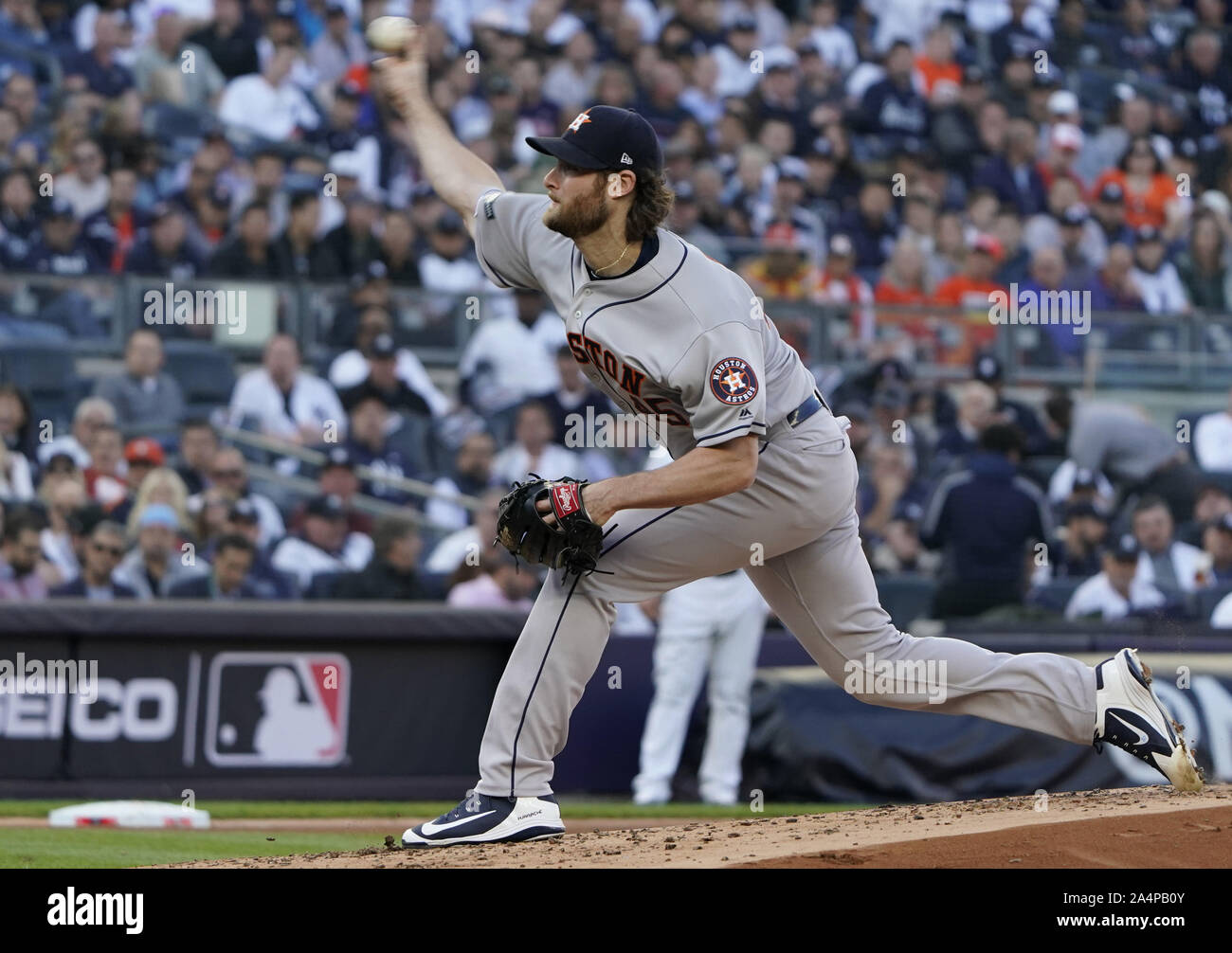 Bronx, United States. 15th Oct, 2019. Houston Astros Gerrit Cole pitches against the New York Yankees in the first inning of Game 3 of their American League Championship Series in the 2019 MLB Playoffs at Yankee Stadium in New York City on October 15, 2019. Photo by Ray Stubblebine/UPI . Credit: UPI/Alamy Live News Stock Photo